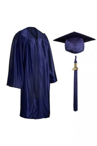 Детская мантия и шапочка конфедератка выпускника с кисточкой тёмно-синяя, блестящая, дошкольная 116-134 рост.